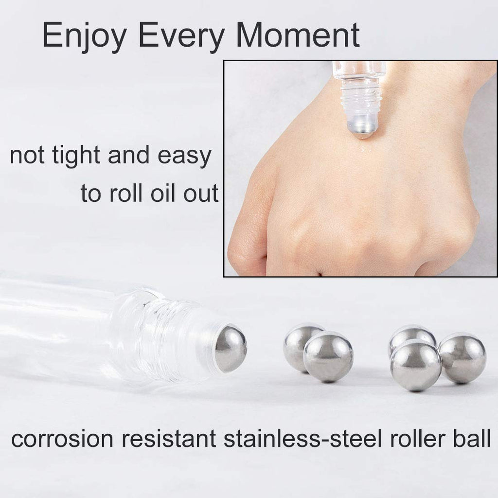 ZIZEMOJA 6Pcs 10ml Essential Oil Roller Bottles, with Stainless Steel Roller Balls, 10ml Clear Glass Roll on Bottles for Essential Oils, 1 Extra Roller Ball, 6 Labels, 1 Openers, 2 Droppers Included
