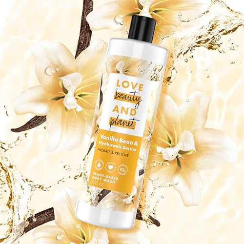 Love Beauty and Planet Plant-Based Body Wash Hydrate & Restore Vanilla Bean & Hyaluronic Serum No Sulfate Cleansers, Cruelty Free, 92% Naturally Derived 20 oz