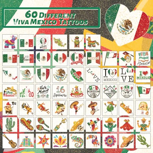 winthrop 120 Pcs Glitter Mexican Independence Day Temporary Tattoos, Individually Wrapped Waterproof Safety Mexico Themed Tattoos, Best Choice for September 16th Viva Mexico Party, 60 Designs