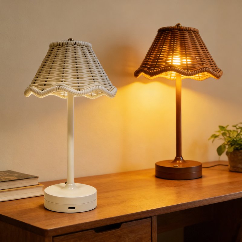 Rechargeable Cordless Table Lamp with Wicker Shade - Touch Control, Portable for Patio, Bedroom, Kitchen
