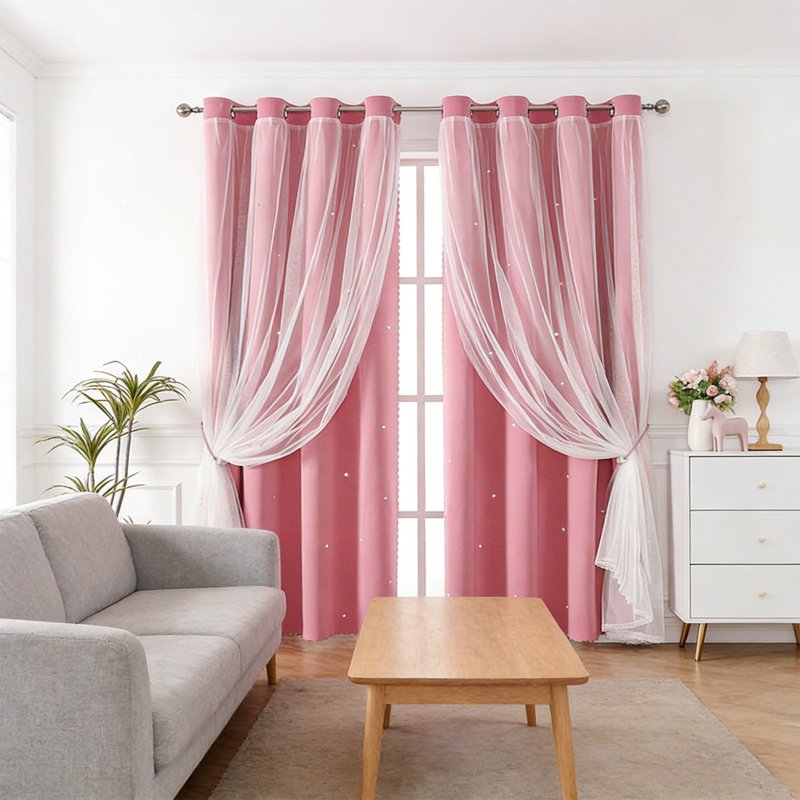 Double Layer Blackout Curtains with Star Pattern Lace Overlay 40x51 Inch for Living Room & Bedroom