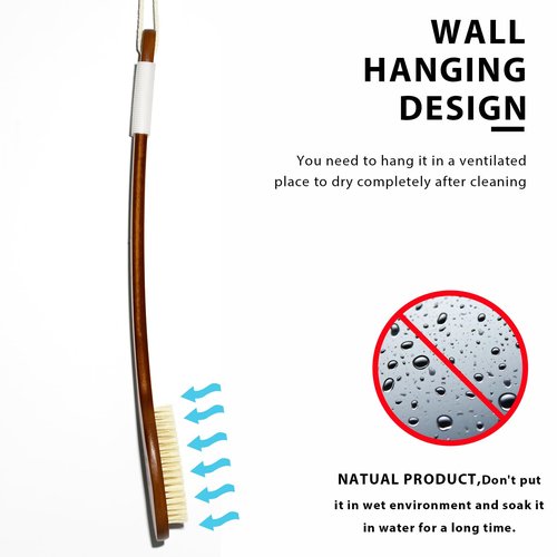 ICANdOIT-17.71Inch Natural Boar Bristles Anti-Slip Long Handle Bath Brush,Bent Handle Shower Scrubber for Exfoliating,Shower Back Brush,Exfoliation Set with Pumice Stone (1 Pack)
