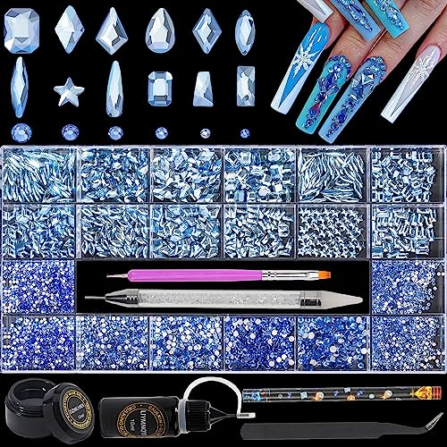 Nail Rhinestones - 4300pcs Light Blue Crystals, Multiple Shape Gems, Flat Back Rhinestones, with Kit and Glue Gel, for Nail Art Decoration