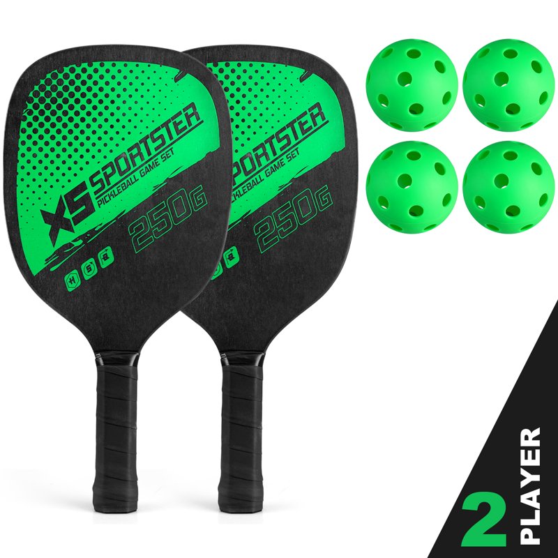 Wood Pickleball Paddles Set of 2 with 4 Balls and Carry Bag
