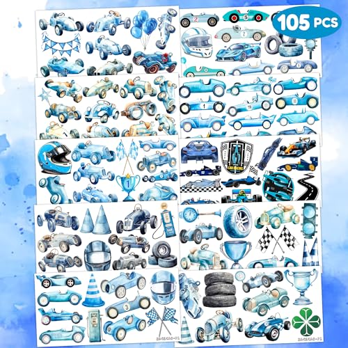 105 PCS Blue Race Car Temporary Tattoos Birthday Party Decorations Favors Supplies Watercolor Racing Car Themed Blue Checkered Flags Wheel Stickers Gifts For Girls Boys Classroom School Prizes Reward