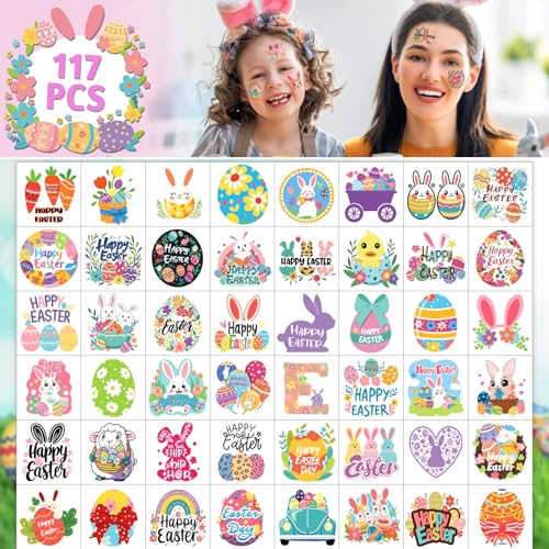 117PCS Easter Temporary Tattoo for Kids Boy Girl Women,Bunny Egg Chick Baskets Fake Tattoos Stickers for Easter Holiday Party Favor Decor