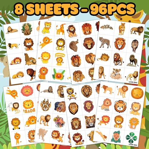 96PCS Cute Lion Pre-Cut Temporary Tattoos ? Safari Jungle Theme Birthday Party Decorations Supplies, Party Favors, Fun Stickers for Kids Adults Boys Girls, Classroom Gifts & Rewards