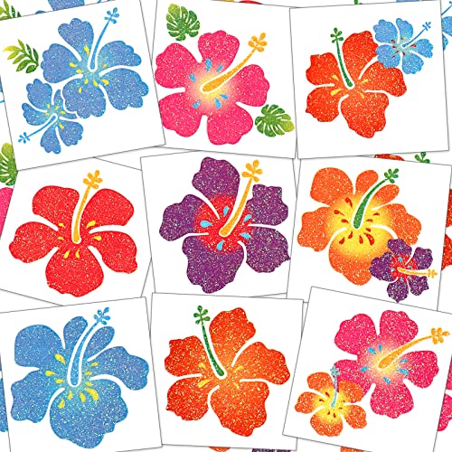 Kathfly 180 Pcs Hibiscus Temporary Tattoos Glitter Hawaiian Flower Tattoos Stickers for Face Body Decoration Women Summer Tropical Aloha Party Favors Summer Gift