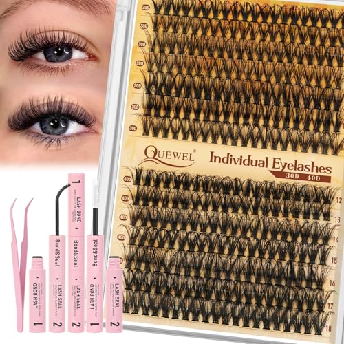 QUEWEL Lash Clusters Kit, 280 Pcs Lash Clusters 30D 40D 12-18mm Thin Band Lashes Clusters Natural Look Eyelash Extension Kit With Lashes Bond Seal Eyelashes Tweezers (LSTZ-30D+40D)