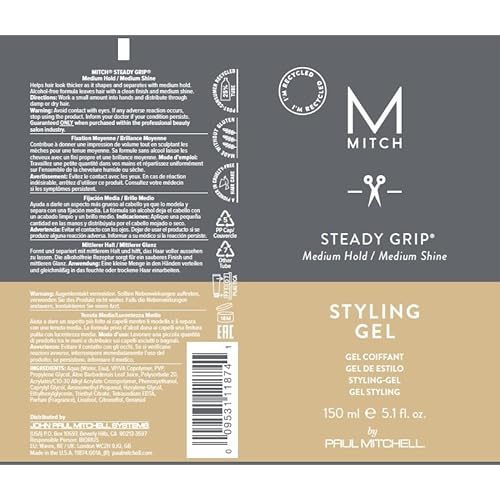 MITCH by Paul Mitchell Steady Grip Hair Gel for Men, Medium Hold & Shine, For All Hair Types, Especially Fine to Medium Hair, 5.1 fl. oz.