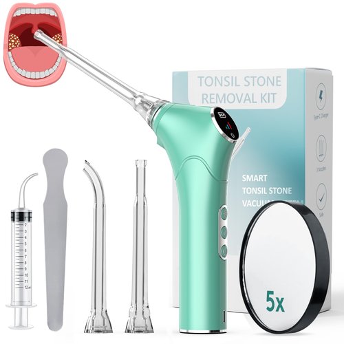 Electronic Vacuum Tonsil Stone Remover - Tonsil Stone Removal Kit with Built-in LED Light & 3 Suction Mode - Fight Bad Breath Oral Irrigator & 5X Magnifying Mirror for Tonsil Stone Removal (Green)