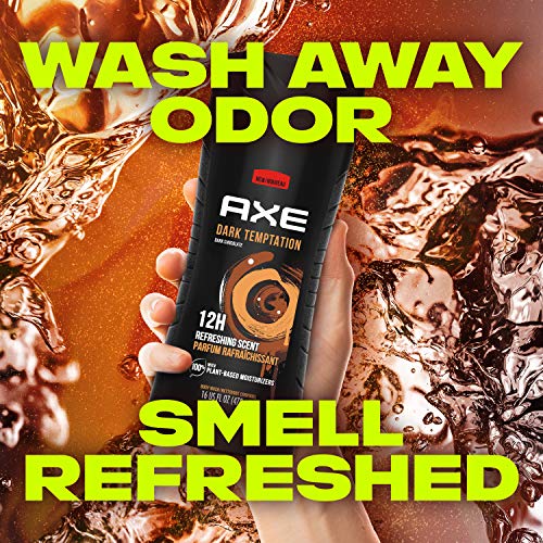 AXE Body Wash 12h Refreshing Scent Dark Temptation Dark Chocolate Men's Body Wash with 100 percent Plant-Based Moisturizers 16 oz (Pack of 2)