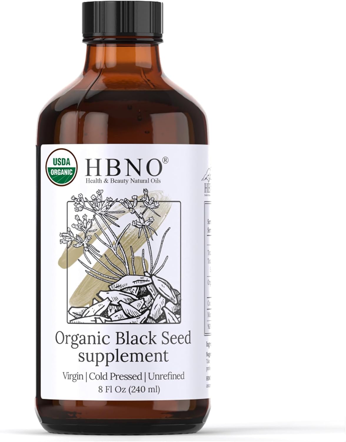 HBNO Organic Black Seed Oil - Huge 4oz (120ml) Glass Bottle Value Size - USDA Certified Organic Black Seed Oil, Cold Pressed for Face, Body, Lips, Shampoo & Conditioner