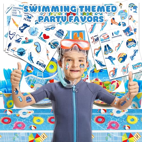 96 PCS Swimming Pre-Cut Temporary Tattoos for Kids | Super Cute Swim Team Pool Beach Themed Birthday Party Favors, Supplies, Decorations, Fake Tattoo Stickers, School Rewards & Gifts Boys & Girls