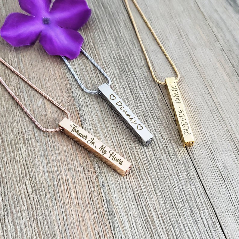 Rose Gold 3D Cremation Necklace with Fill Kit - Memorial Bar Ashes Holder Pendant