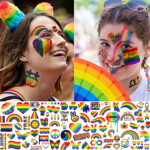 136+ PCS Gay Pride Tattoos For Women Men Adults, LGBT Rainbow Temporary Tattoos Pride Face Stickers, Temp Bulk Flag LGBTQ Fake Tattoos, Rainbow Pride Accessories Equality Parades Party Celebrations