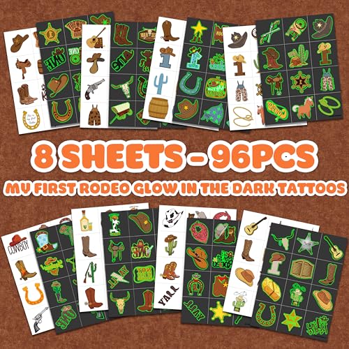 96PCS First Rodeo Pre-cut Temporary Tattoos 8 Sheets Cowboy 1st Party Decorations Favors Supplies Western Theme Birthday Cute Stickers Christmas Gifts Boys Girls Class School Prizes (Luminous)