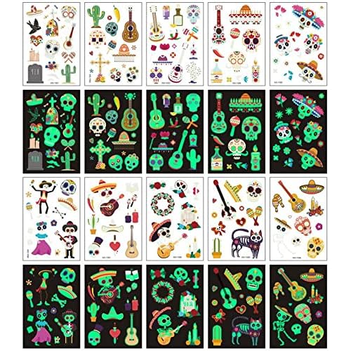 Day of the Dead Luminous Halloween Temporary Tattoo, 125PCS Waterproof Fake Face Tattoos, Body Stickers Decorations Glow in the Dark, Makeup Party Favors Supplies Decor