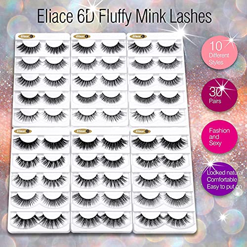 Eliace False Eyelashes Natural look Cat Eye Lashes Wispy Strips,6D Volume Mink lashes 30 Pairs 10 Mixed Styles Fake Eyelashes Pack,Wispy Eyelash Soft Reusable Dramatic Fluffy Beauty Lash Wholesale
