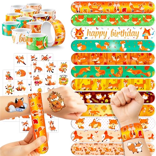 72 PCS Fox Party Set - 24 PCS Temporary Tattoos & 24 PCS Slap Bracelets - Fun Fox-Themed Gifts for Kids, Girls, Boys - Perfect for Birthday Parties, Baby Showers, Classroom Rewards, Party Decorations