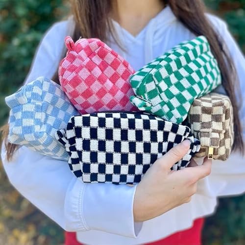 SOIDRAM 6 Pcs Checkered Makeup Bag Preppy Cosmetic Bag Bulk Pink Black Makeup Pouch Personalize Travel Toiletry Bag Organizer Cute DIY Makeup Brushes Storage Bag for Women