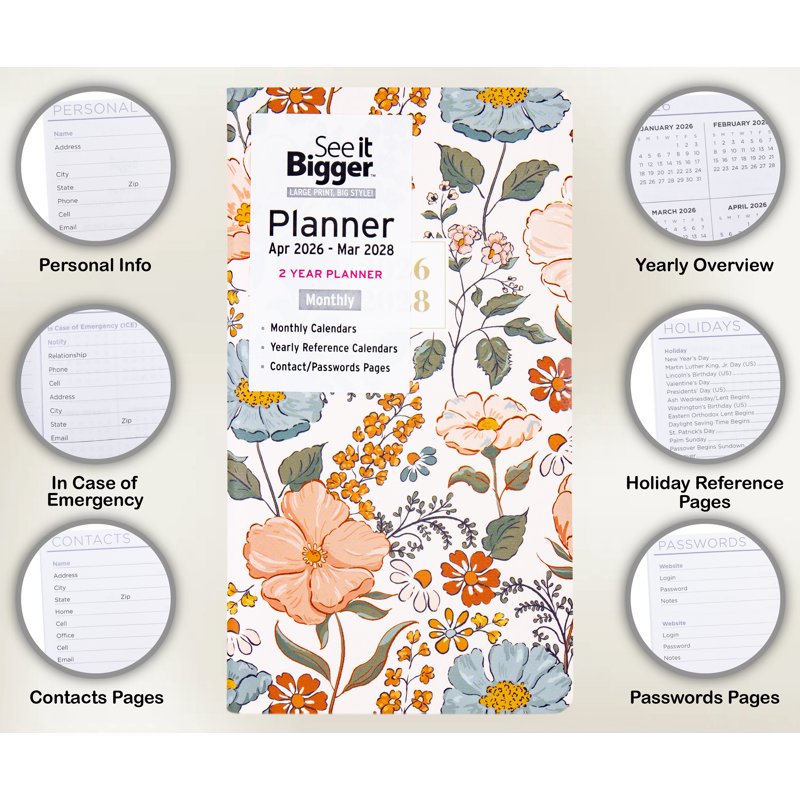 See It Bigger Pocket Planner - Floral 2-Year Monthly Calendar, Apr 2026-Mar 2028