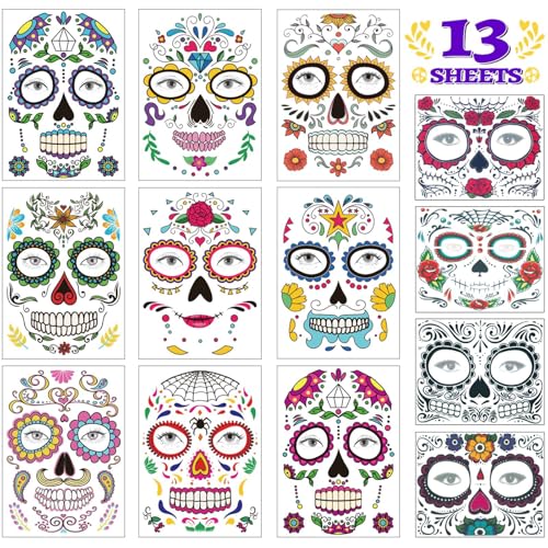 COKOHAPPY Halloween Temporary Face Tattoos Makeup Kit (13 Pack), Day of the Dead Sugar Skull Floral Black Skeleton Web Red Roses Full Face Mask Stickers Tattoo Families Party Supplies