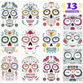 COKOHAPPY Halloween Temporary Face Tattoos Makeup Kit (13 Pack), Day of the Dead Sugar Skull Floral Black Skeleton Web Red Roses Full Face Mask Stickers Tattoo Families Party Supplies