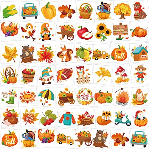 HOWAF 96 Pcs Thanksgiving Fall Temporary Tattoos, 48 Styles Autumn Harvest Temporary Tattoos Stickers for Kids, Thanksgiving Fake Tattoos with turkeys, owls, squirrels, pumpkins, maple leaves design