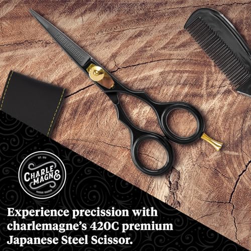 Charlemagne Hand-Forged Japanese Steel Beard & Mustache Scissors - Stainless Steel, 5.5 in - Precision Beard Trimming - Nose Hair Scissors - Fits Mustache Kit & Grooming Kit