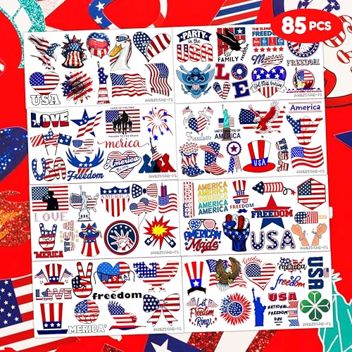 100PCS USA Patriotic Temporary Tattoos ? American Flag 4th of July Party Decorations, Freedom Theme Supplies, Fun Favors & Stickers for Kids Adults, Birthday or Independence Day Prizes