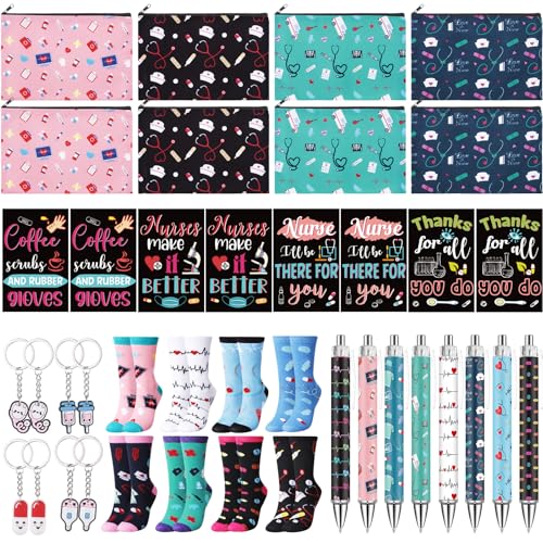 Fulmoon 40 Pcs Nurse Appreciation Gifts Thank You Gifts Bulk Novelty Socks Makeup Bags Keychains Notebooks Ballpoints(Colorful, Nurse)
