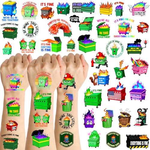 144Pcs Dumpster Fire Temporary Tattoos - Funny Everything's Fine Dumpster Fire Stickers Tattoos Gifts for Office Christmas Team Coworker Nurse Party Decorations Decor