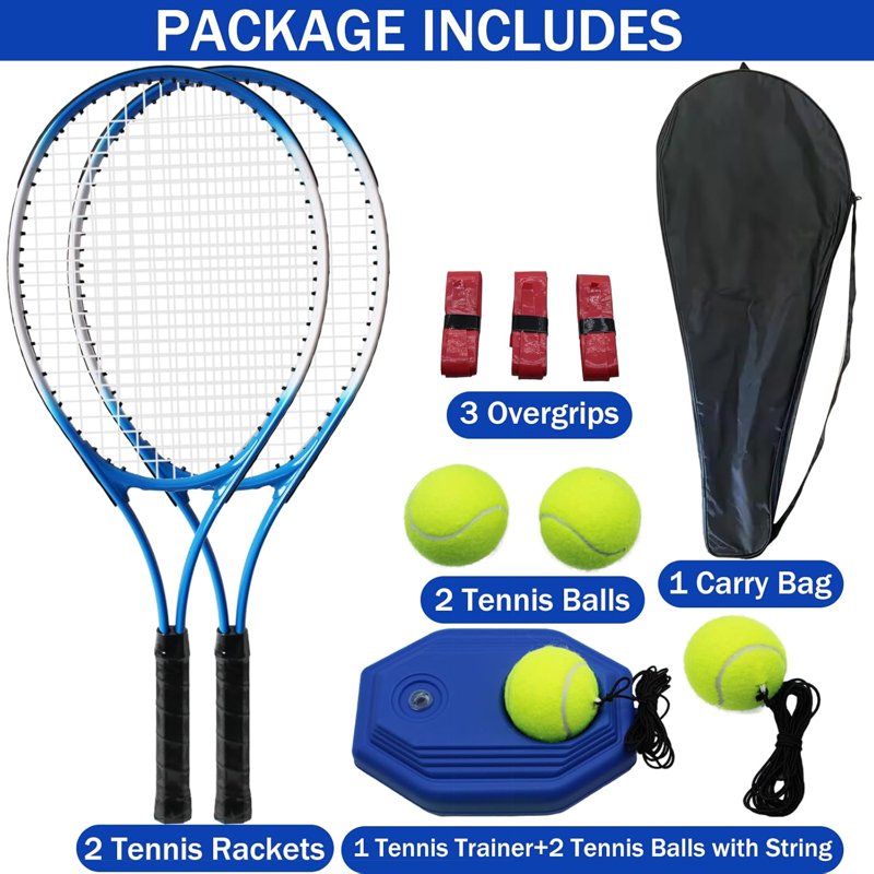 Adult Tennis Racket Set 2 Pack with Balls Overgrips Trainer Bag - 27 Inch