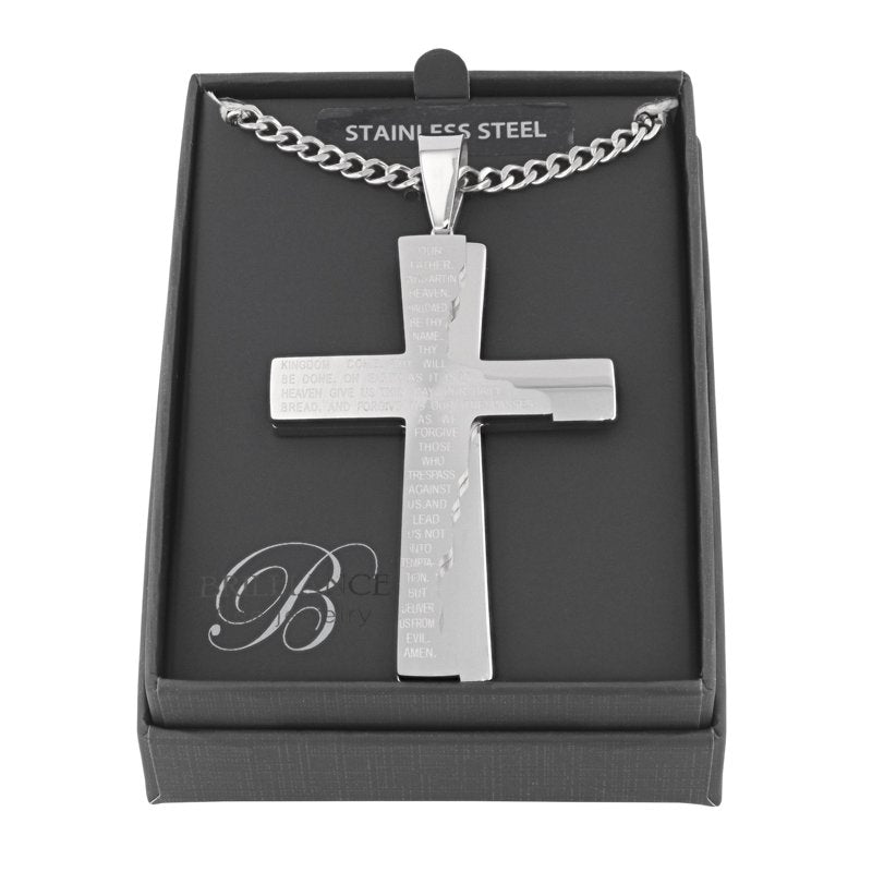 Men's Silver Tone Stainless Steel Prayer Cross Pendant Necklace - Faith Jewelry