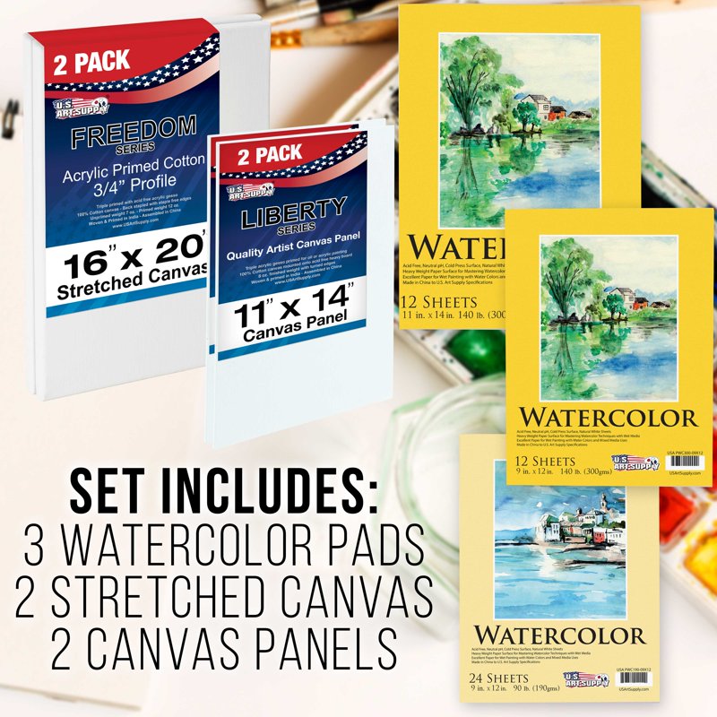 Watercolor Painting Set with Easels, Brushes, Canvases & Paper - 70 Pieces