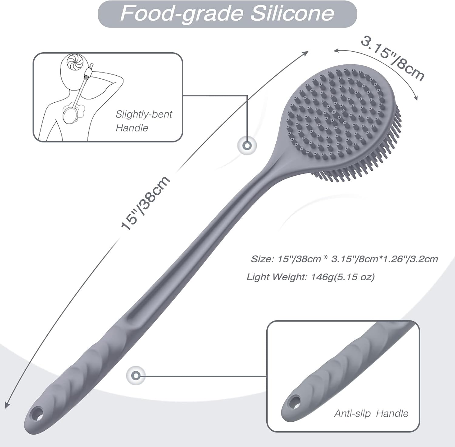 Manmihealth Silicone Back Scrubber (Thick Bristles) & Bath Glove & Face Brush Set(3PCS), Super-Exfoliating & Lathering Body Scrubber, Shower Brush, Face Scrubber Combination, with a Free Hook.(Black)