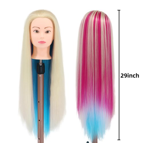 Mannequin Head with Hair, 29'' Training Head Braiding Doll Head for Hair Styling Manikin Cosmetology Mannequin Head Hair Practice Model Head with Clamp Holder(Colorful)