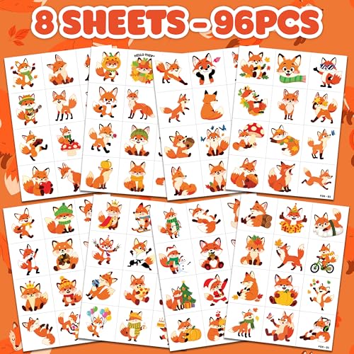 96 PCS Funny Fox Pre-Cut Temporary Tattoos for Kids | Super Cute Themed Birthday Party Favors, Supplies, Decorations, Jungle Animal Fake Tattoo Stickers, School Rewards Prizes & Gifts For Boys & Girls