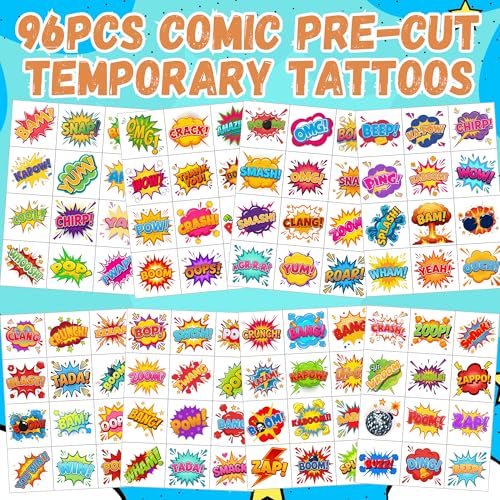 96PCS Hero Temporary Tattoos Sticker For Kids - Hero Themed Birthday Party Favors Birthday Party Decorations Accessories Pow Wow Bang Boom Omg Gift Idea For Kids Teen Adult Classroom Prizes Rewards