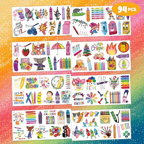 94 PCS Back To School Funny Art Crayon Temporary Tattoos Sticker Crayon Painting Birthday Party Decorations Favors Supplies Gifts Boys Girls Baby Shower Cute Tattoo School Prizes Reward Themed