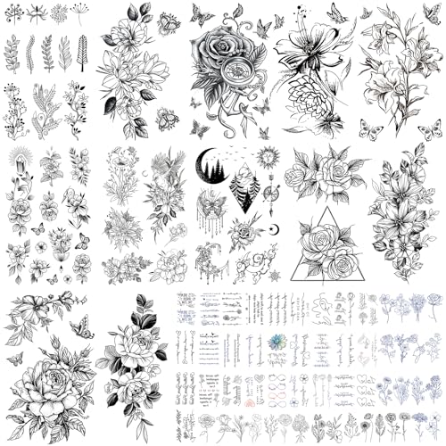 VERKSTAD Christmas Black Temporary Tattoos for Women, Waterproof Flower Butterfly Fake Tattoos for Girls, Floral Letter Writing Symbol Tattoo Kits Hand Body Art for Parties Festivals Everyday Wear