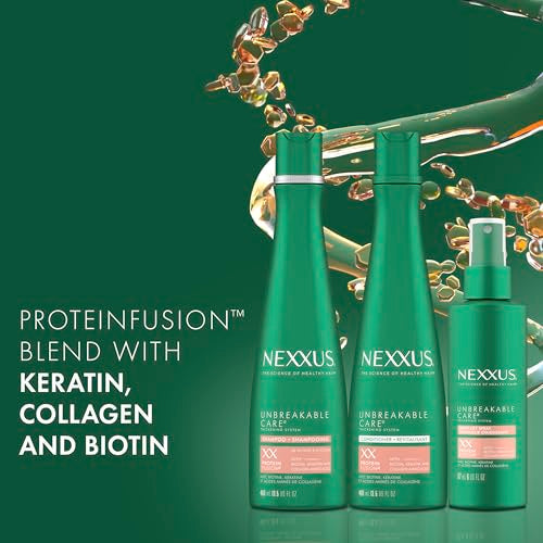 Nexxus Unbreakable Care Shampoo, Conditioner, and Leave-In Spray 3 Pack For Fine and Thin Hair with Keratin, Collagen, Biotin