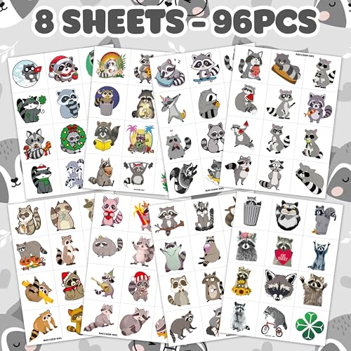 96PCS Cute Funny Raccoon Pre-Cut Temporary Tattoos Themed Birthday Party Decorations Supplies Favors Decor Woodland Wildlife Animals Tattoo Stickers Gifts For Kids Adults Boys Girls School Carnival