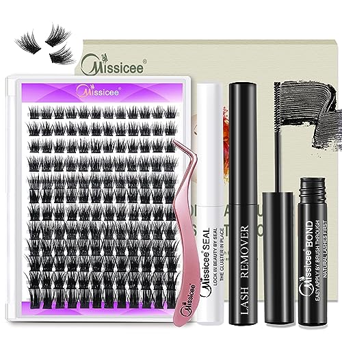 DIY Lash Extension Kit, Missicee Cluster Eyelash Extension Kit with Lash Bond & Seal, Applicator and Remover, 144 Pcs 0.10mm 56D 9-16mm Mixed Wide-stem Cluster Lash, Individual Lashes Kit at Home