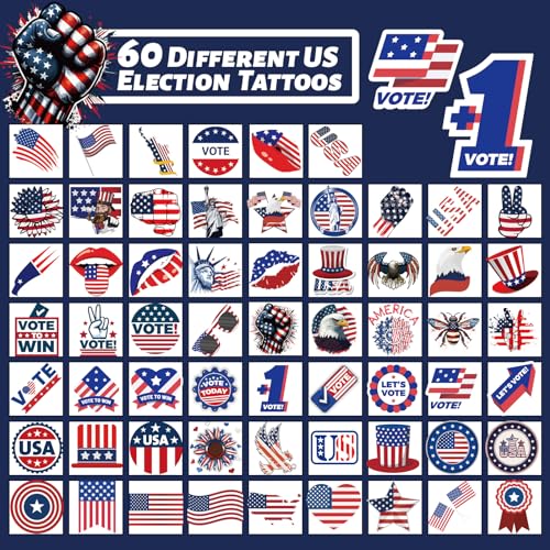 winthrop 240 Pcs 4th of July Temporary Tattoos for Kids - Individually Wrapped, Waterproof & Safe USA Flag & Election Designs, Perfect for Independence Day, 60 Unique Patterns