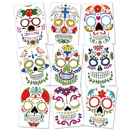 9-Pack Day of the Died Skeleton Face Temporary Tattoo Stickers ? Perfect for Halloween, D?a de los Muertos, and Cosplay for Adults and Kids