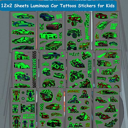 Luminous Race Car Tattoos for Kids - 24 Sheets Glow in The Dark RaceCar Temporary Tattoos for Boys Birthday Party Favors Goodie Bag Fillers