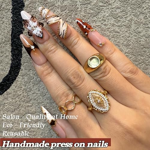Brown Tortoise & Leopard Press On Nails 10pcs, Handmade Luxury Long Almond Acrylic Nails with 3D Flowers, Gold Chain Accents & Rhinestones, Trendy Brown Gradient Fake Nail Set ? Appife