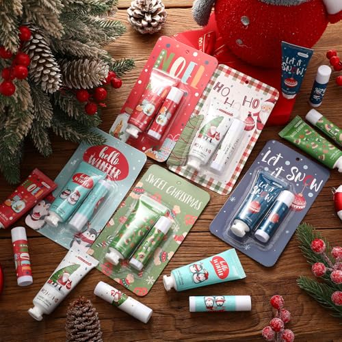 50 Pcs Christmas Hand Cream and Lip Balm Gift Sets, Christmas Stocking Stuffers Travel Size Hand Lotion Lip Balm Xmas Party Holiday Gifts for Women Mom Staff Coworkers Adult Girls